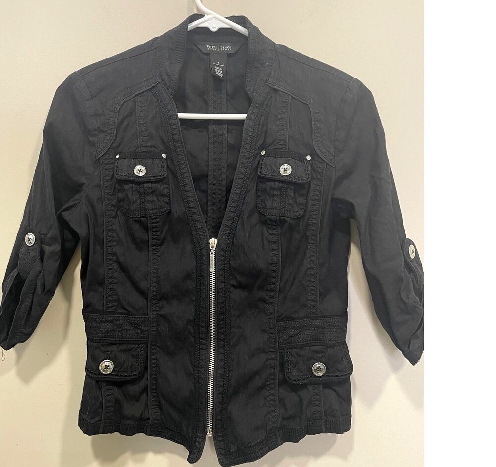WHBM Black Linen Blend Shrug Fitted Short Jacket Biker Zipper Accent Size 4